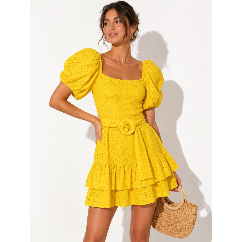 Maia Bergman Yellow Eyelet Smocked Puff Sleeve Mini Dress Size M NWT